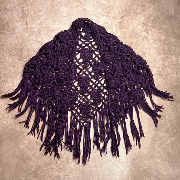 Vintage 90s Handmade Crochet Knit Purple Fringe Hem Open Front Shawl Whimsigoth - Picture 1 of 7
